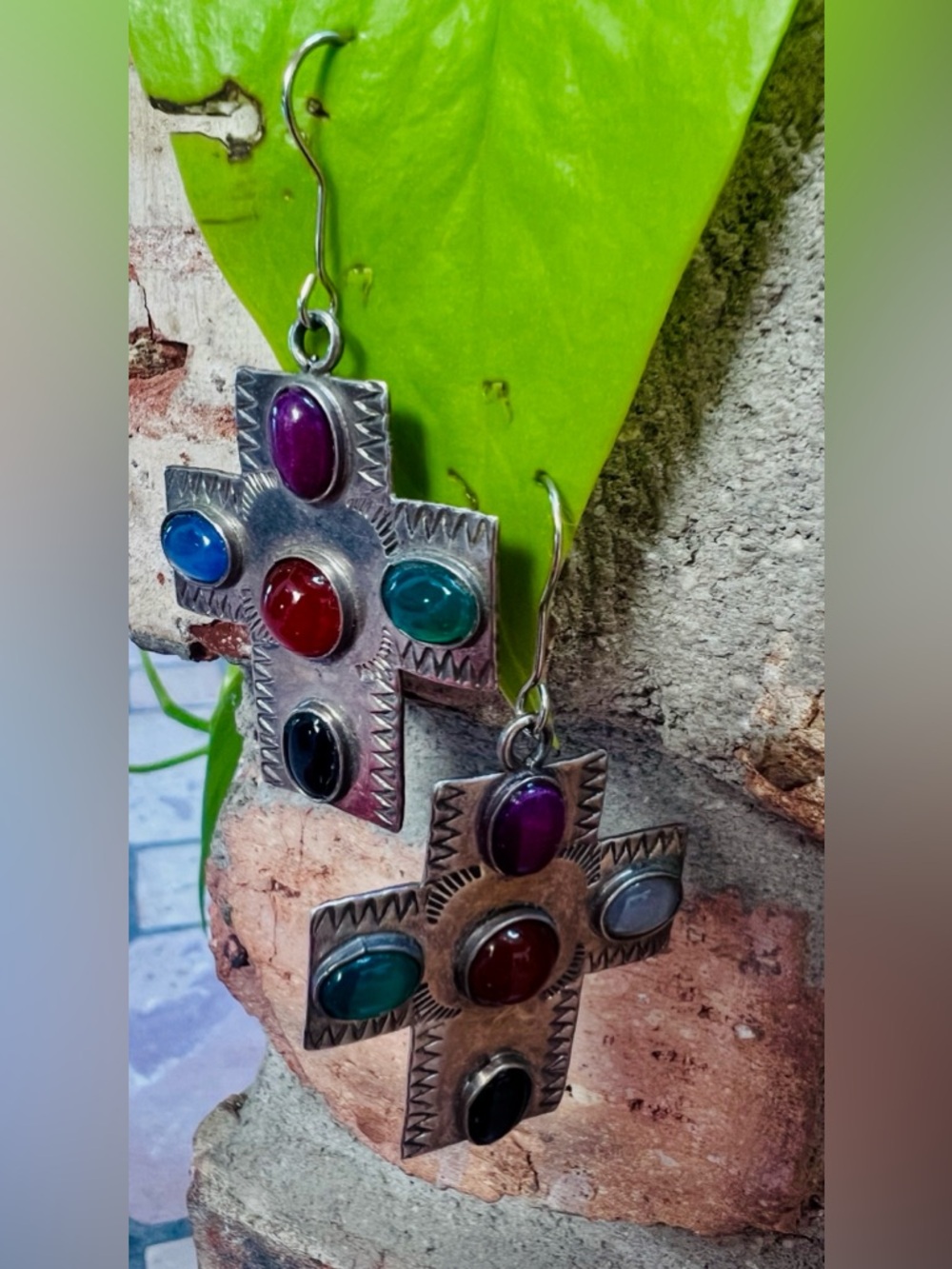 Sterling Silver Mexico Multi-Stone Cross Drop Earrings Stamped